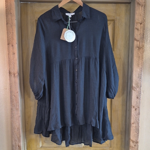 Umgee USA Black Button-Up Blouse Tunic Boxy Oversized Flowy Size Xl 3/4 Sleeve - Picture 1 of 4